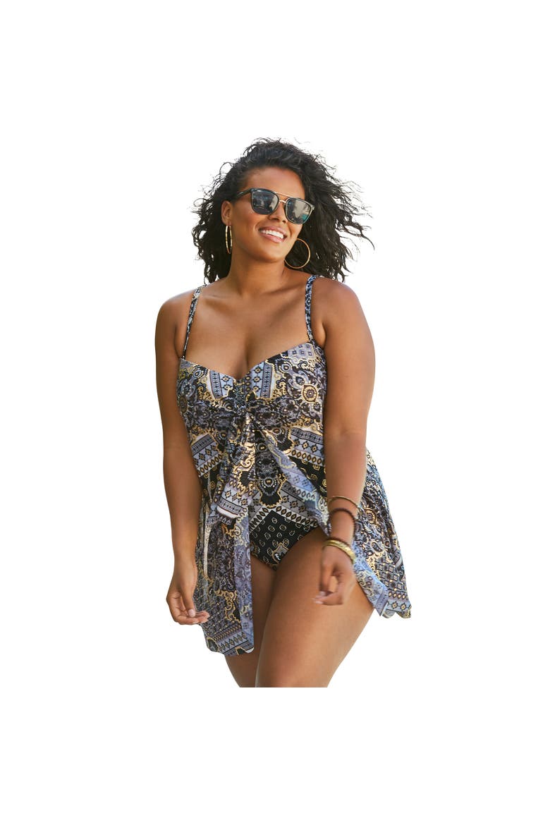 Mesh Draped Swimsuit, Main, color, GOLD BLACK FOIL