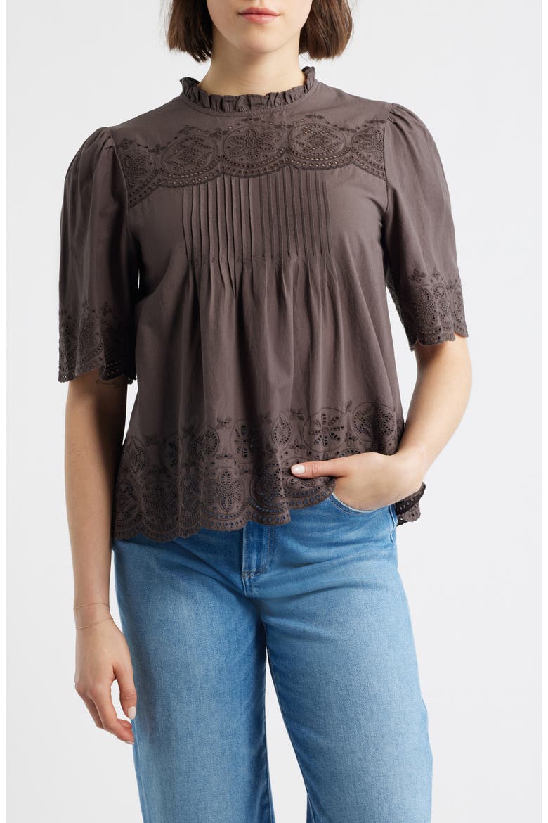 Embroidered Pintuck High Neck Cotton Voile Top, Main, color, CHOCOLATE PLUM