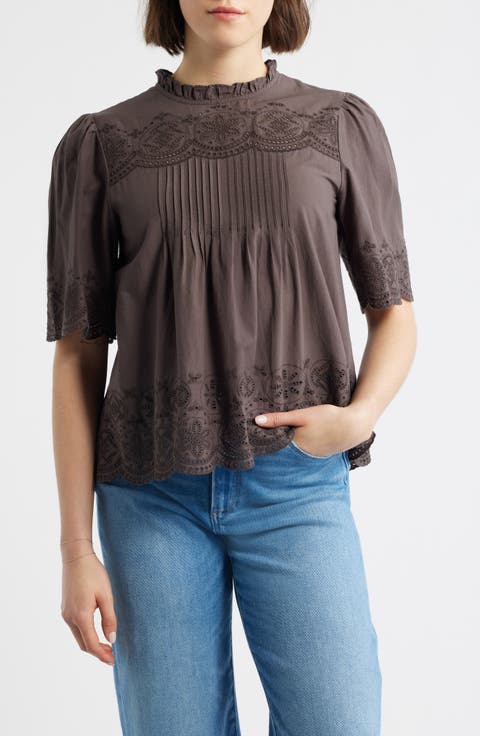 Embroidered Pintuck High Neck Cotton Voile Top