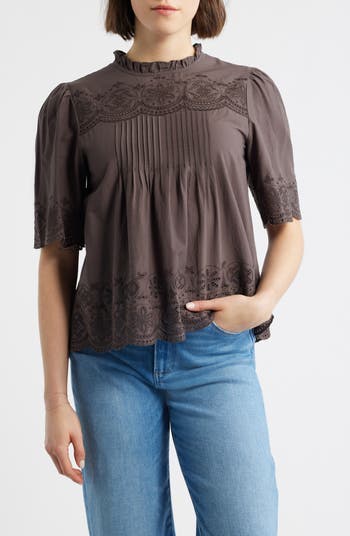Madewell Embroidered Pintuck High Neck Cotton Voile Top | Nordstrom