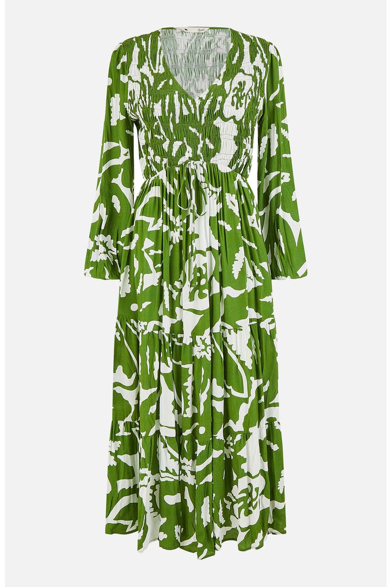 Abstract Print Ruched V-Neck Midi Dress, Alternate, color, Green