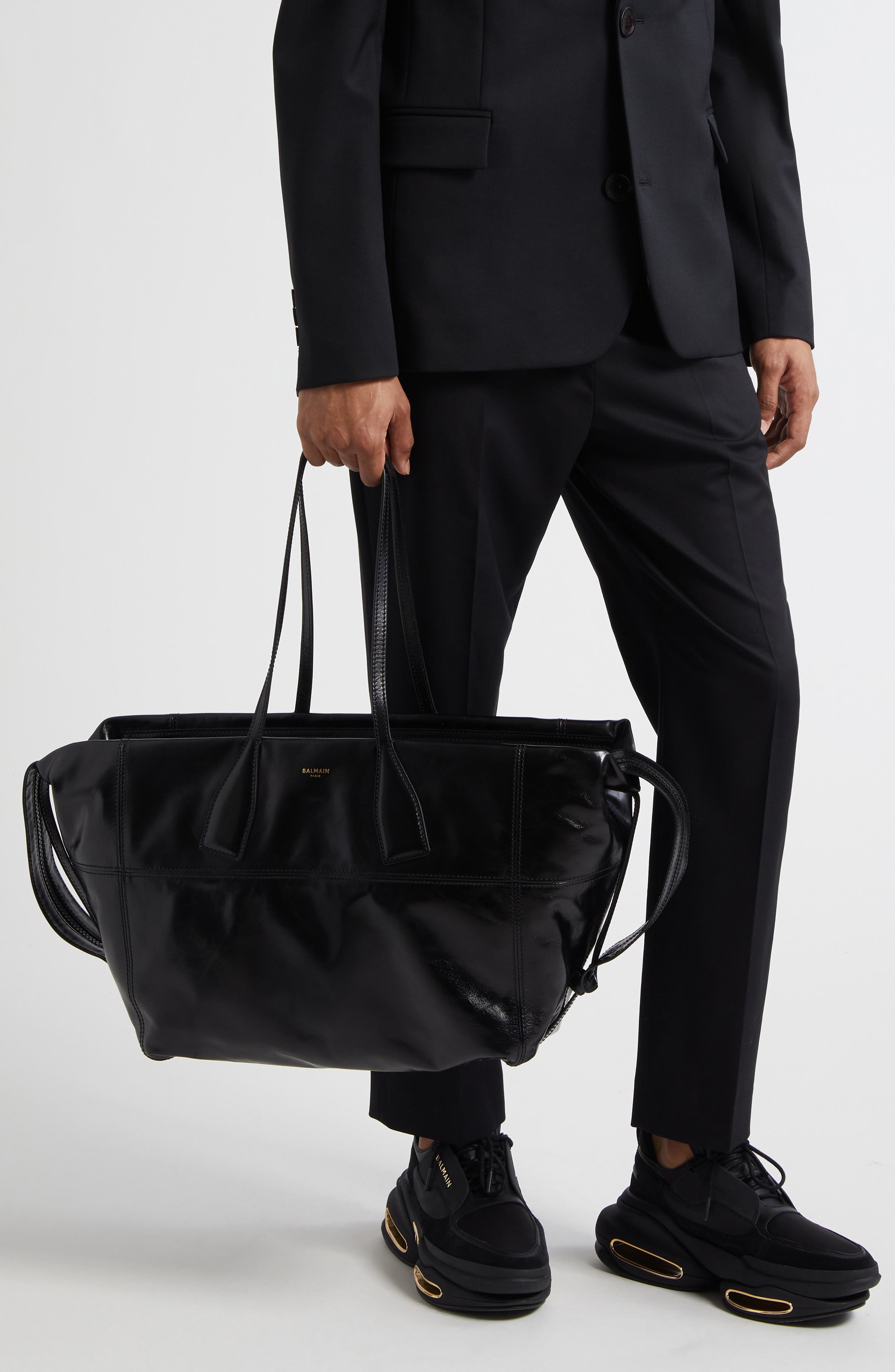 Balmain Track Shiny Leather Tote, Alternate, color, 