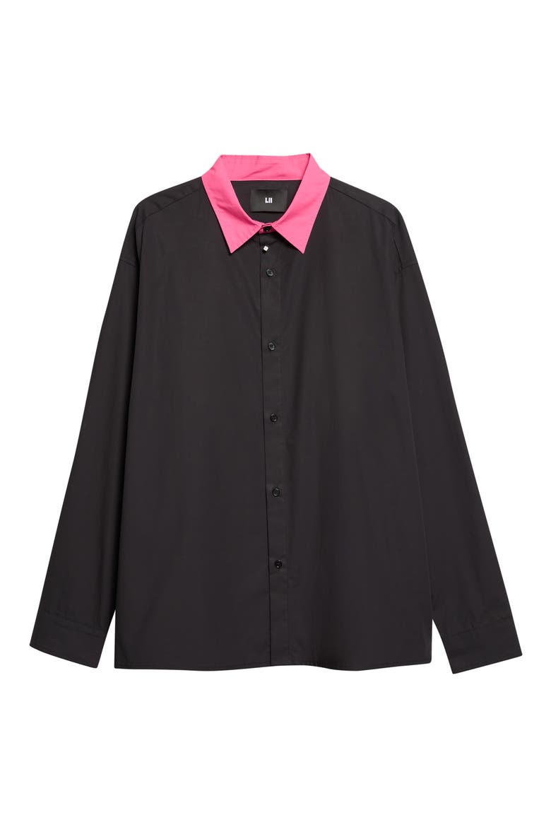 Contrast Collar Cotton Button-Down Shirt, Alternate, color, BLACK/ PINK