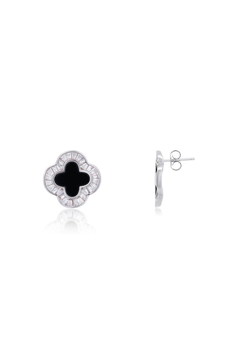 Large Onyx CZ Clover Stud Earrings, Main, color, Onyx