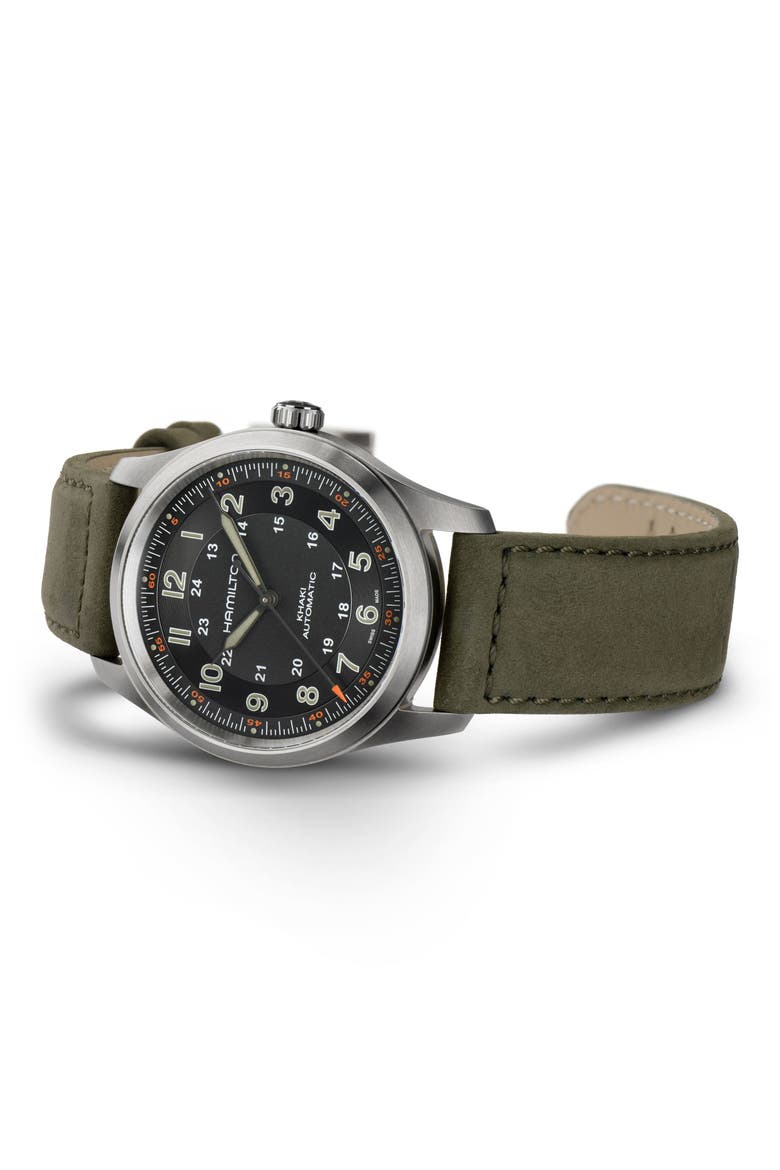 Khaki Field Automatic Leather Strap Watch, 38mm, Alternate, color, BLACK