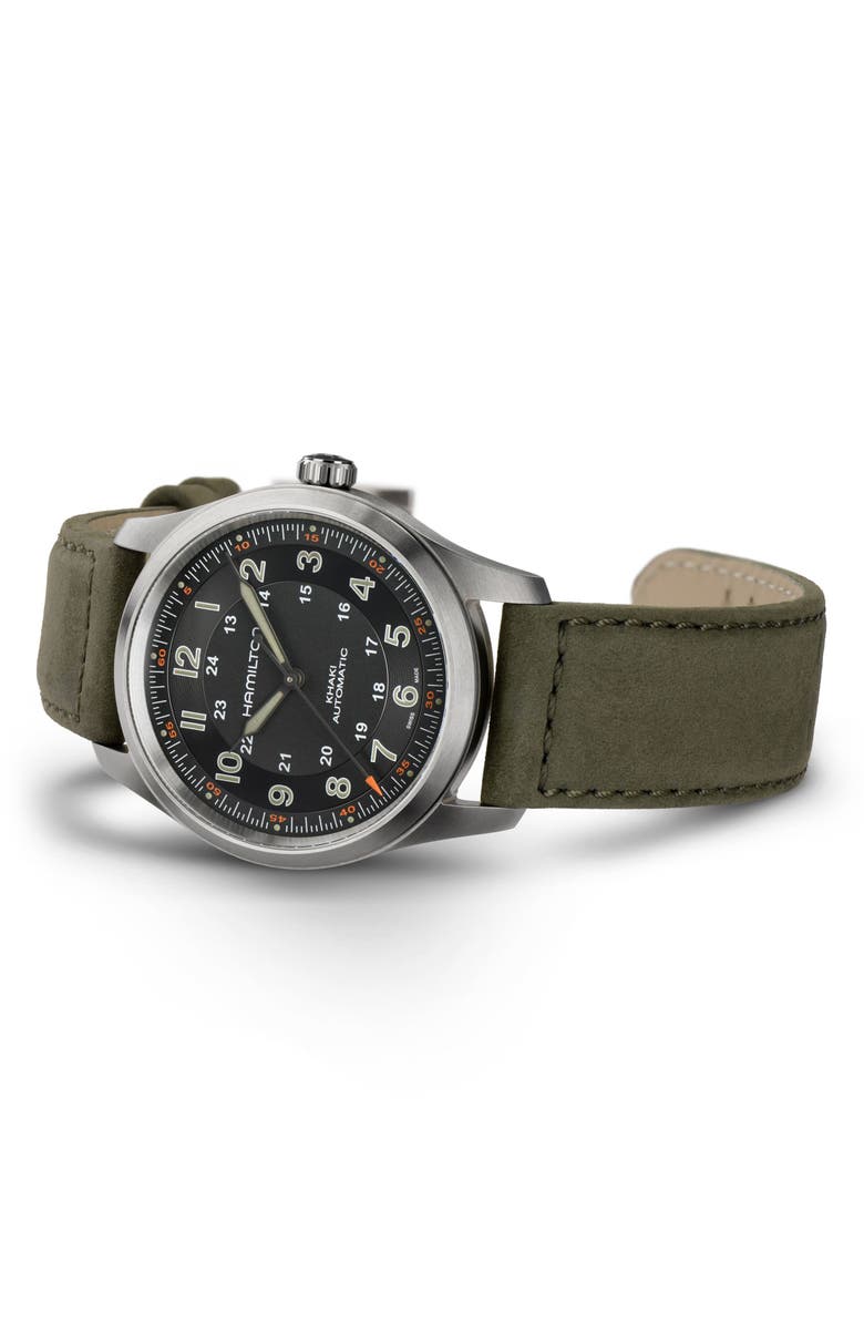 Hamilton Khaki Field Automatic Leather Strap Watch, 38mm, Alternate, color, Black