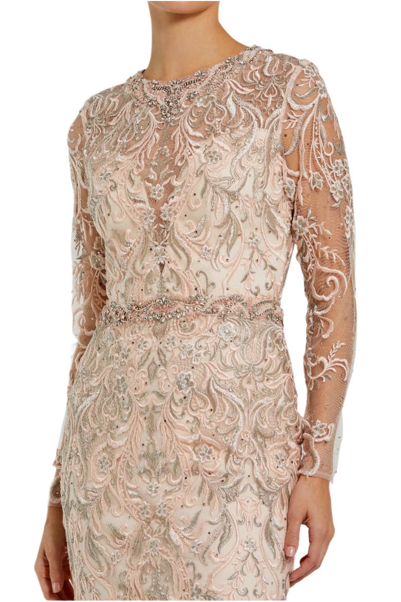 Embroidered Illusion Long Sleeve Trumpet Gown, Alternate, color, Blush