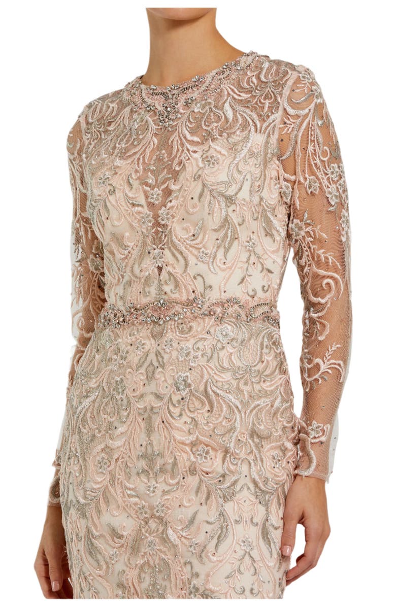 Mac Duggal Embroidered Illusion Long Sleeve Trumpet Gown, Alternate, color, Blush
