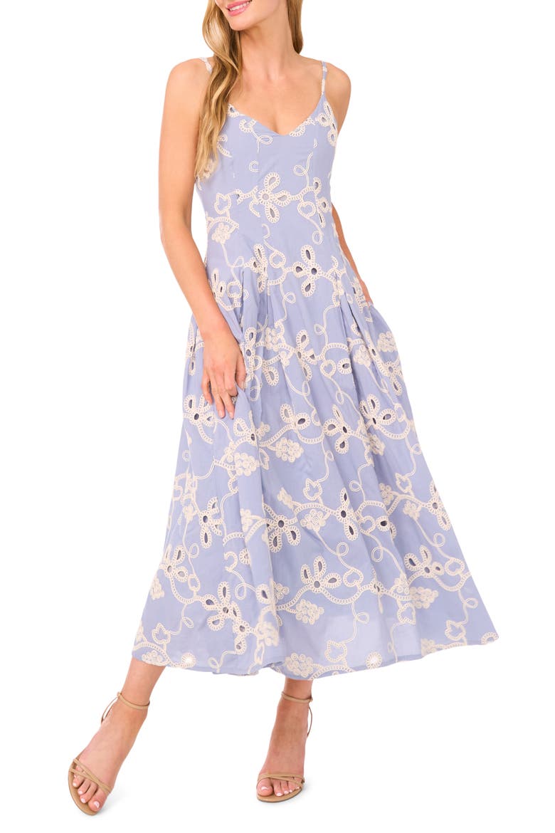 Embroidered Godet Pleat Cotton A-Line Dress, Main, color, BLUE PEARL
