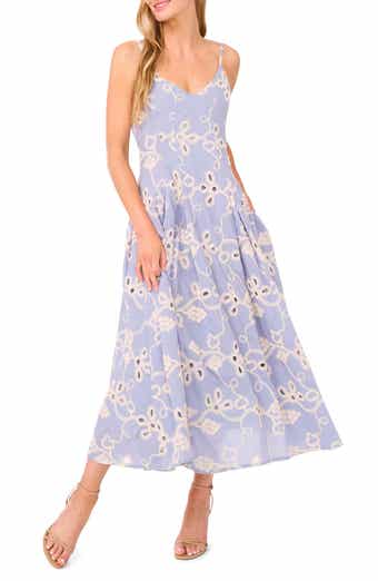 CeCe Embroidered Godet Pleat Cotton A-Line Dress