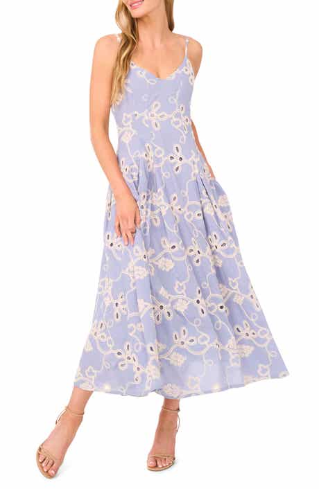 CeCe Embroidered Godet Pleat Cotton A-Line Dress