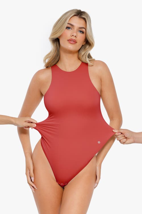 Popilush Shapewear Cloudsense Sleeveless Cutaway Round Neck Bodysuit In Coral Red