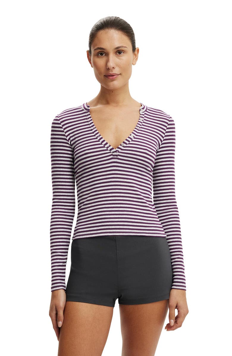 Cotton On Women's Ryan Henley Long Sleeve, Main, color, Madi Stripe Grey Marle Plum