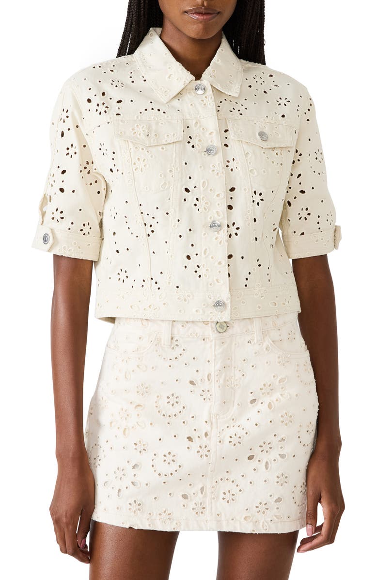 Steve Madden Blu Elbow-Sleeve Cotton Eyelet Jacket, Main, color, Sea Mist