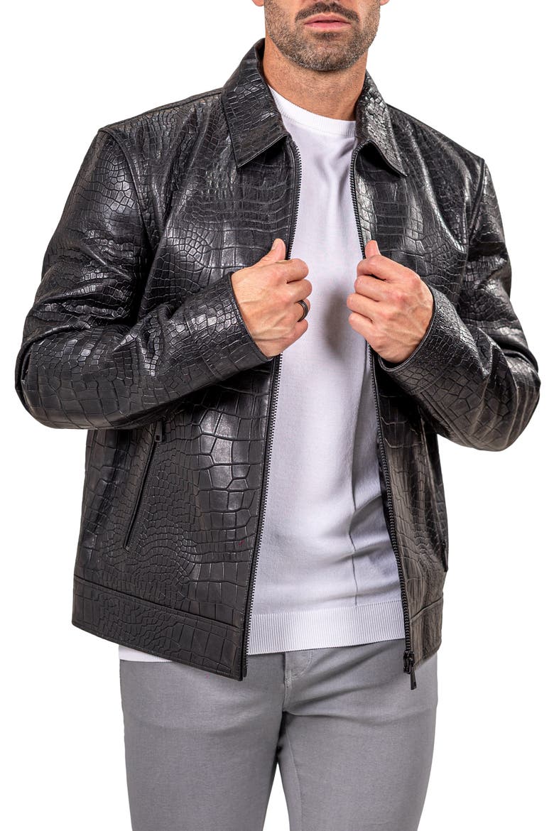 Marthyr Croc Embossed Leather Jacket, Alternate, color, BLACK