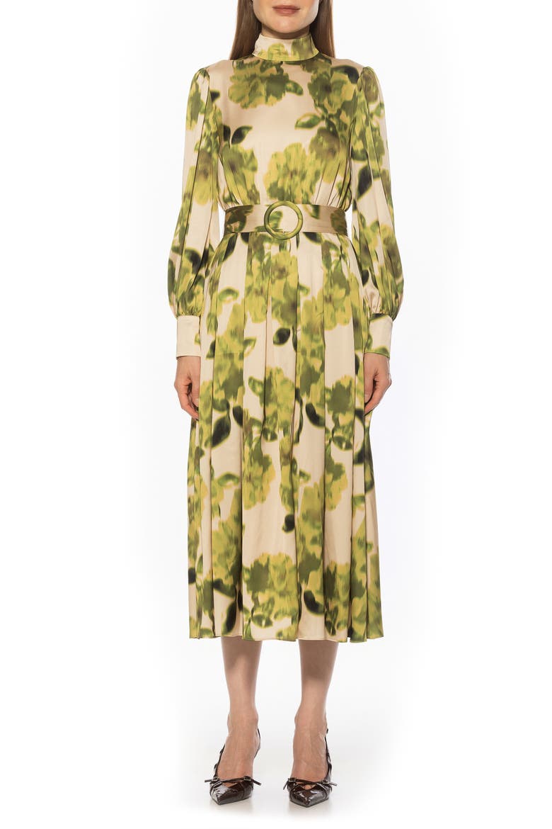 Safiya Long Sleeve Belted Fit & Flare Dress, Main, color, GREEN FLORAL