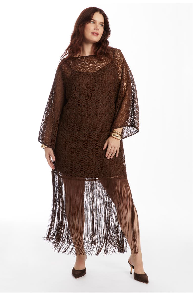 June + Vie Lace Kimono Dress with Fringe, Main, color, Chestnut