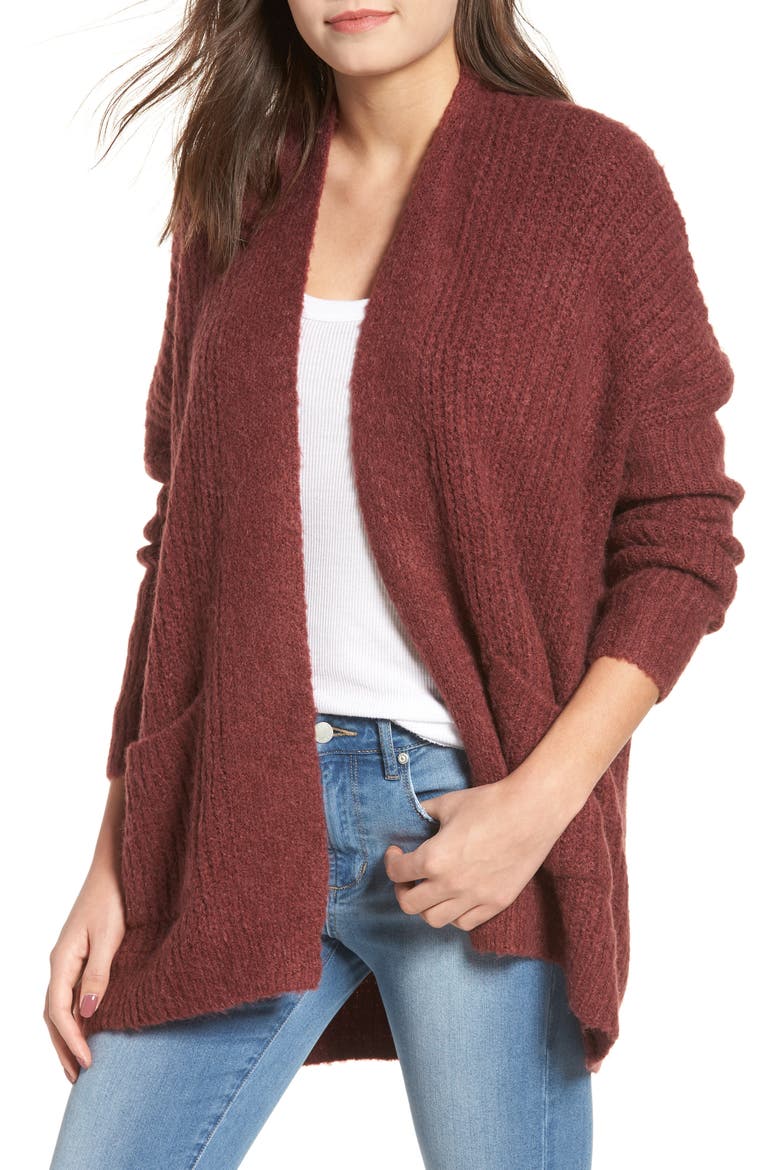 Rib Knit Open Cardigan, Main, color, DUST PLUM