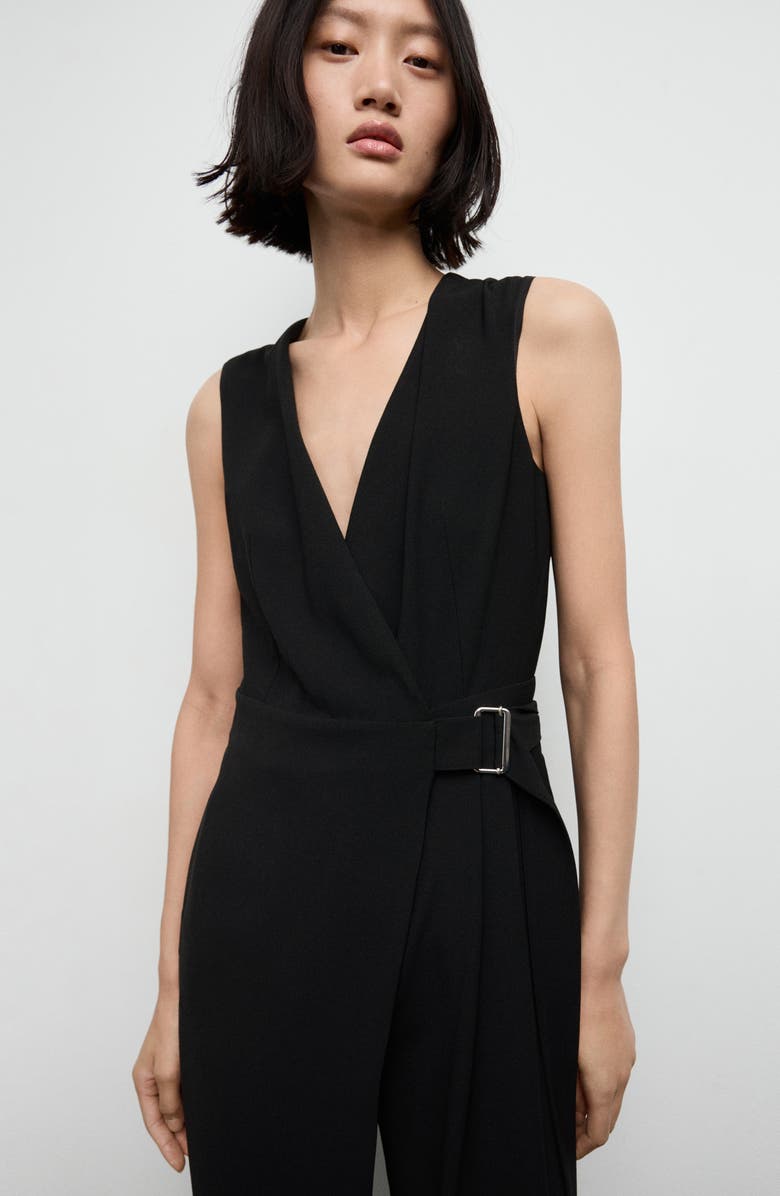 MANGO Belt Wrap Sleeveless Jumpsuit, Alternate, color, Black
