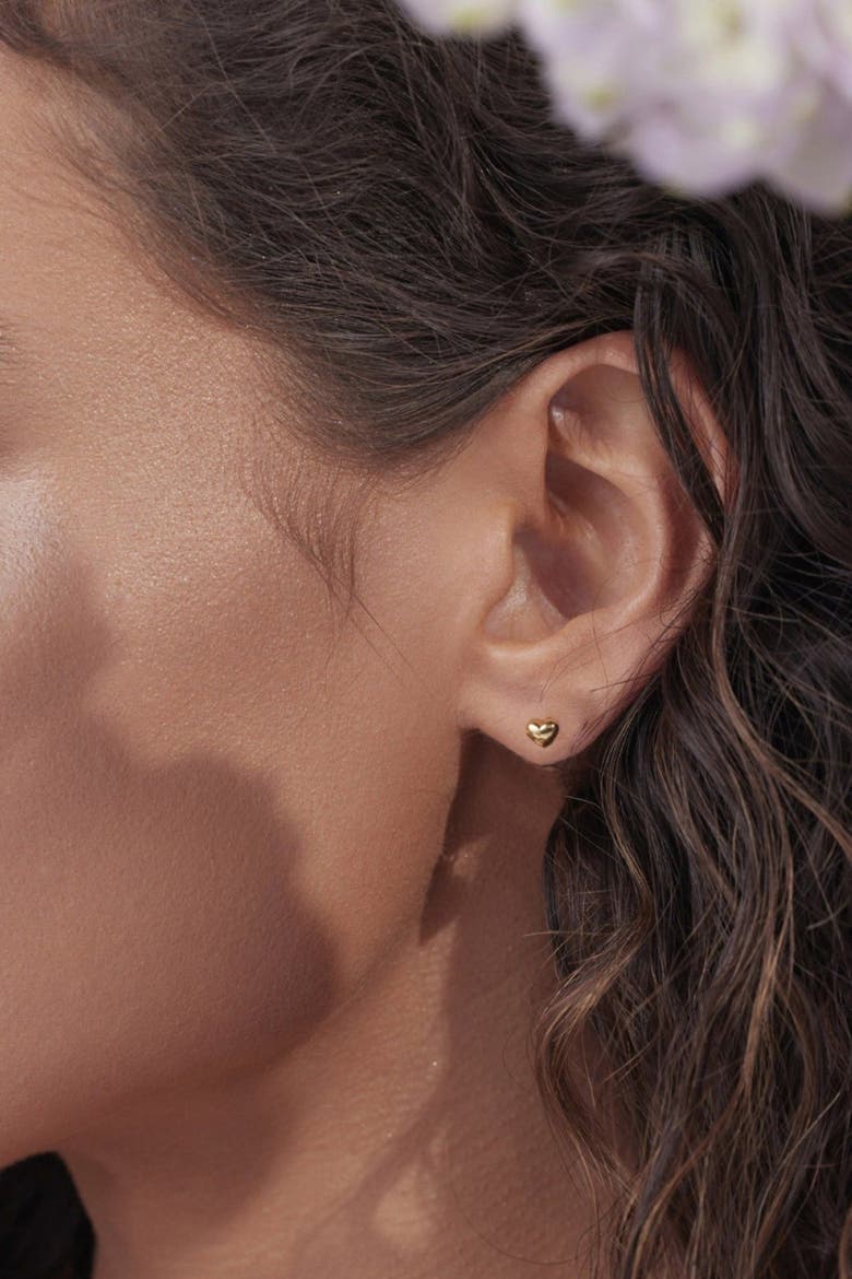 14k Gold Plated Mini Puffed Heart Stud Earrings Minimalist Love, Alternate, color, Gold