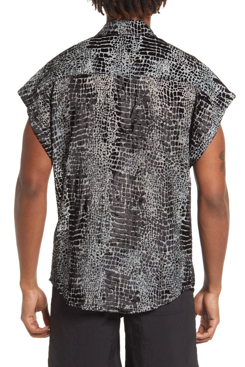 Snakeskin Print Cap Sleeve Button-Up Shirt, Alternate, color, BLACK