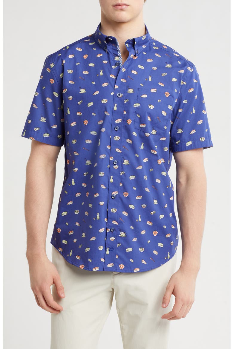 Sushi Print Short Sleeve Cotton Button-Down Shirt, Main, color, NAVY