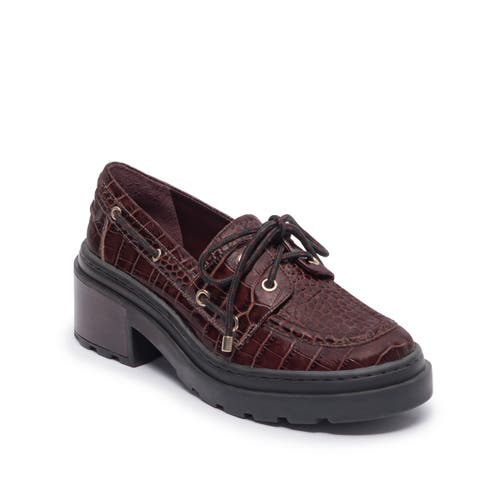 Bernardo Nico Croc-embossed Leather Lug-sole Boat Loafers In Burgundy