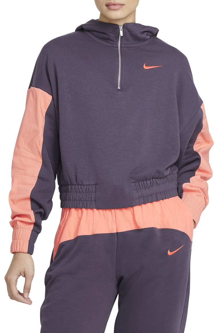 Sportswear Icon Clash Pullover Hoodie, Main, color, RAISIN/ CRIMSON BLISS/ MANGO