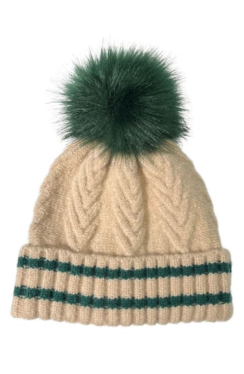 Varsity Faux Fur Pompom Cable Knit Beanie