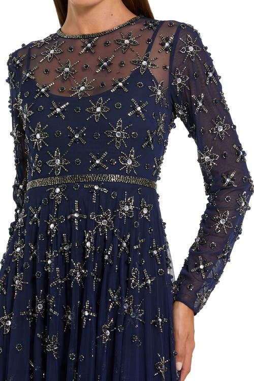 Mac Duggal Long Sleeve Crystal Embellished Evening Gown In Blue