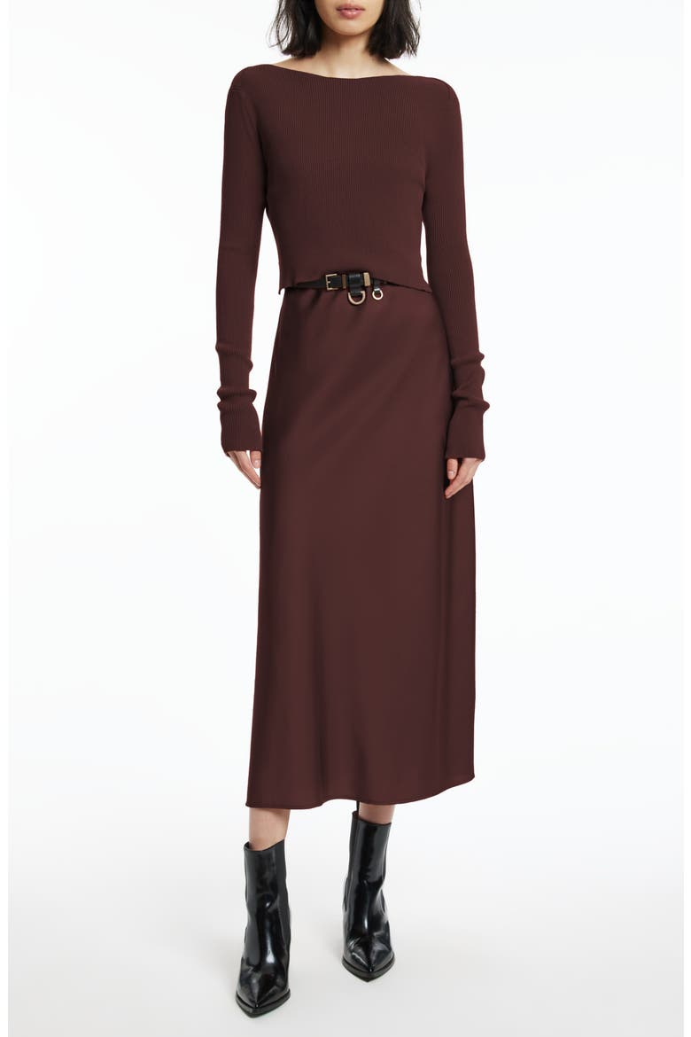 Hera Satin Slipdress with Rib Sweater, Alternate, color, RUST BROWN