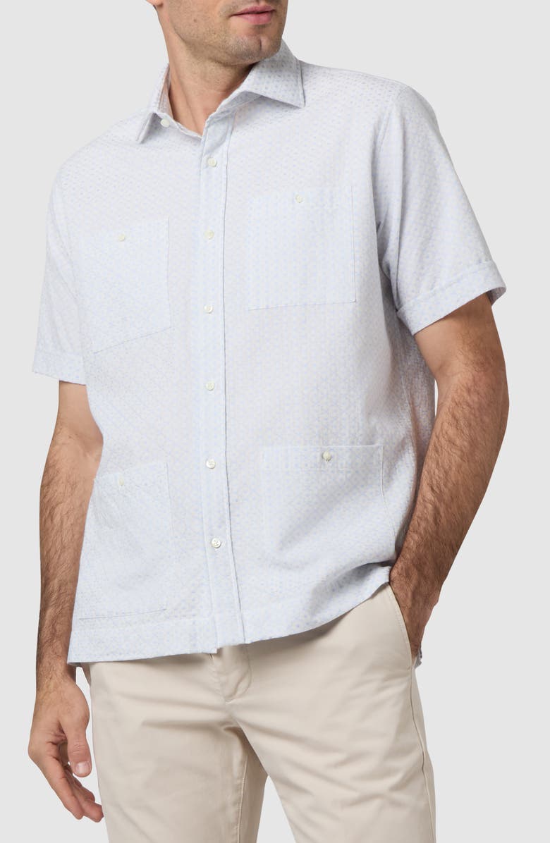 Sid Mashburn Marquez Seersucker Short Sleeve Button-Up Shirt, Main, color, Stone/ Blue Embroidered Poplin