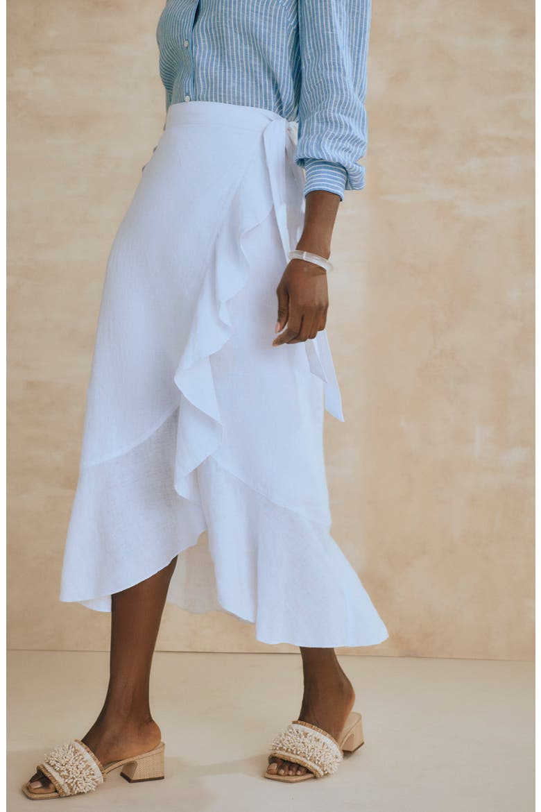 Zia Ruffle Trim Linen Wrap Skirt, Alternate, color, WHITE