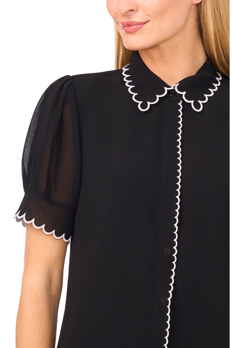 Scallop Trim Puff Sleeve Button-Up Shirt, Alternate, color, RICH BLACK