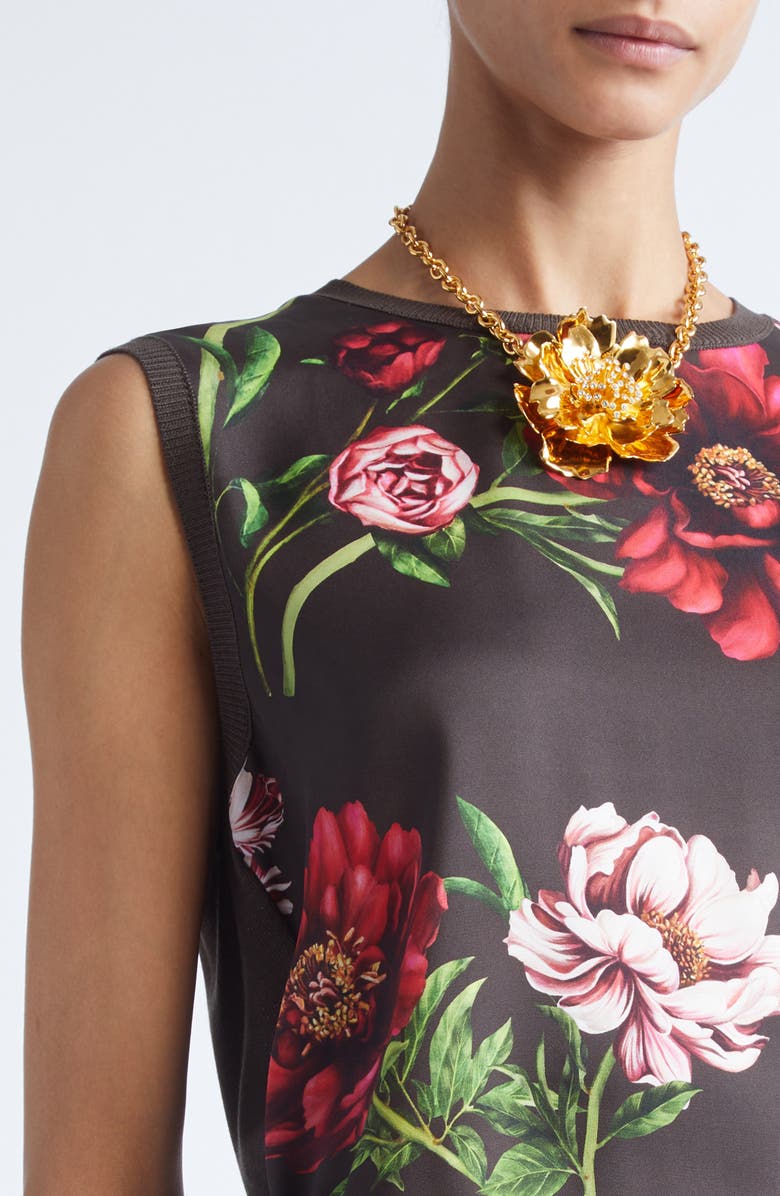 Oscar de la Renta Peony Print Sleeveless Silk Blend Top, Alternate, color, Brown Multi