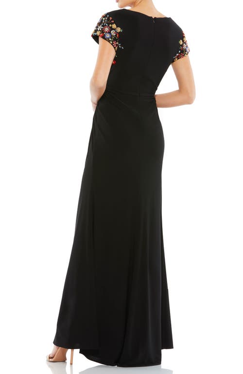 Mac Duggal Embellished Cap Sleeve Jersey Wrap Gown In Black Multi