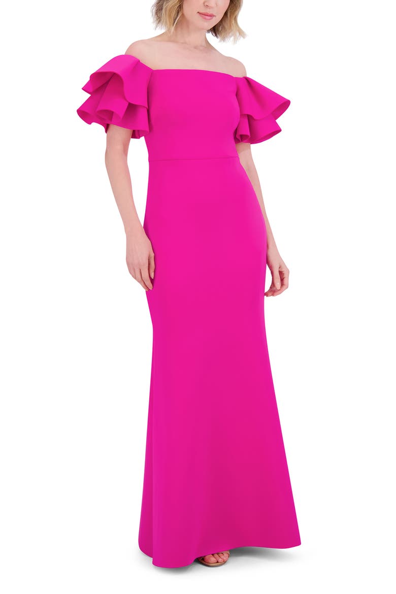 Ruffle Sleeve Off the Shoulder Mermaid Gown, Alternate, color, LIPSTICK