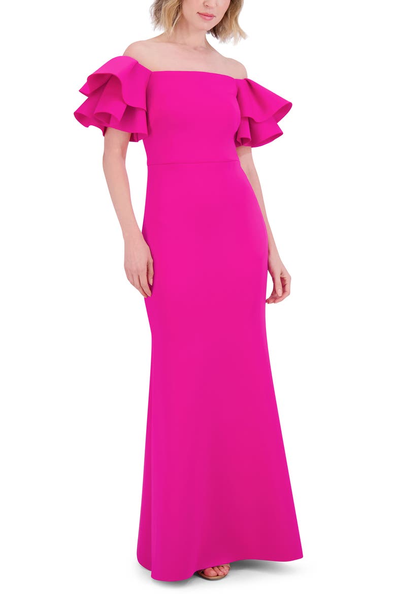 Eliza J Ruffle Sleeve Off the Shoulder Mermaid Gown, Alternate, color, Lipstick