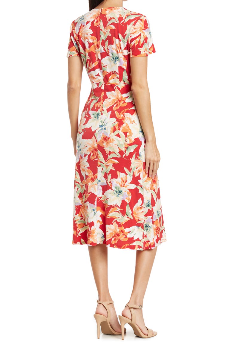 Floral Short Sleeve Ruched Midi Dress, Alternate, color, RED/ APRICOT