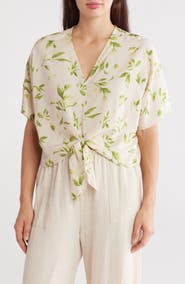 Renee C Floral Short Sleeve Tie Front Crop Top