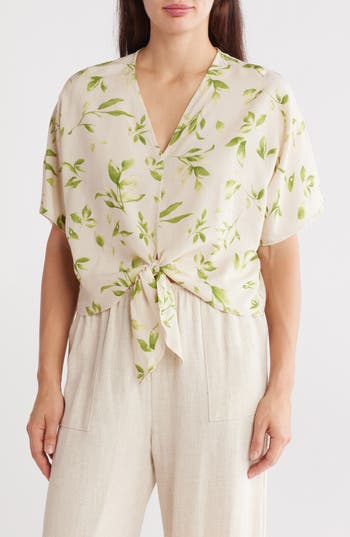 Renee C Floral Short Sleeve Tie Front Crop Top In Green