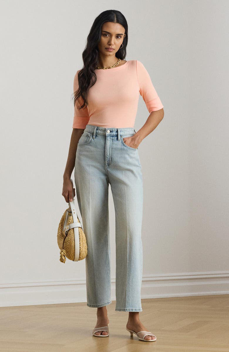 Lauren Ralph Lauren Judy Elbow Sleeve Boat Neck Stretch Cotton Top, Alternate, color, Light Portside Coral