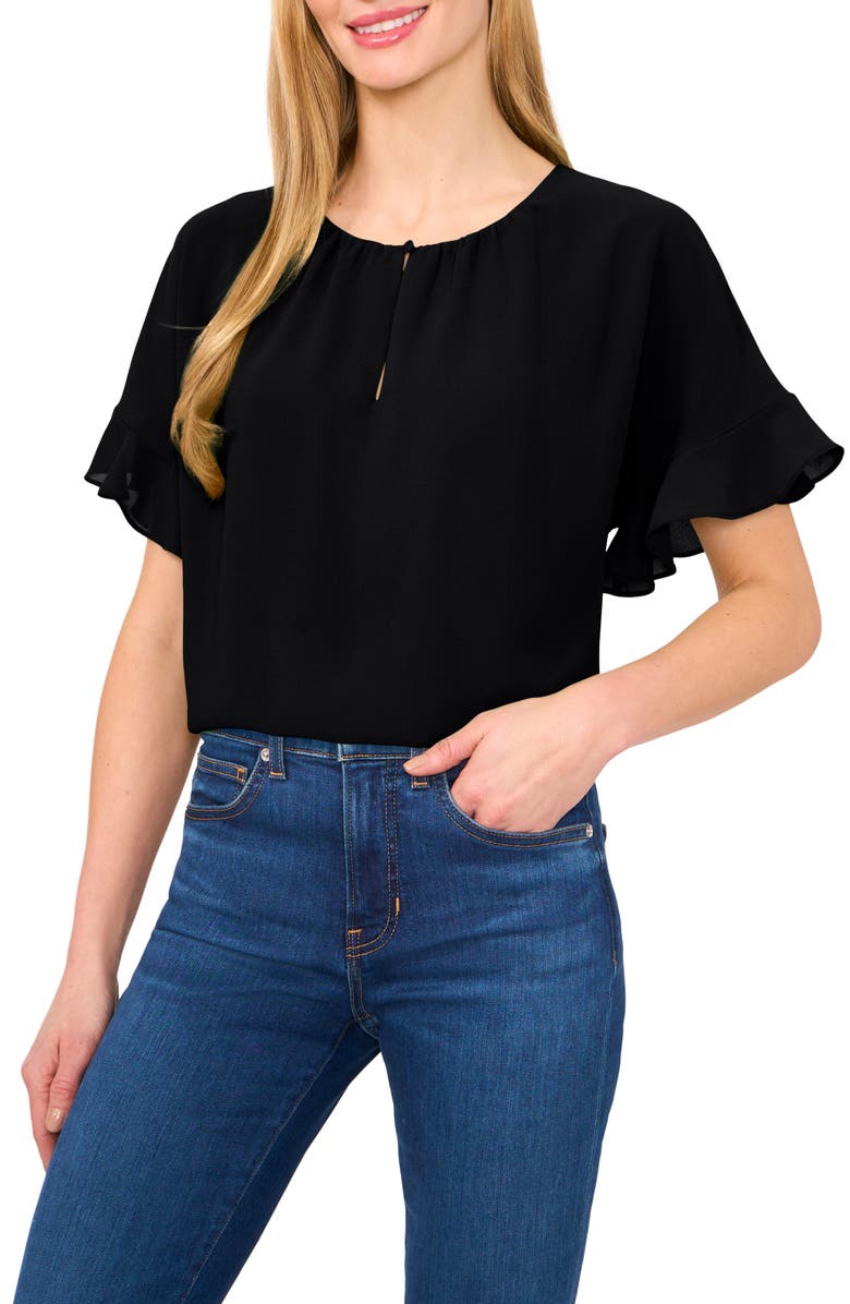 CeCe Flutter Sleeve Georgette Top, Main, color, Rich Black
