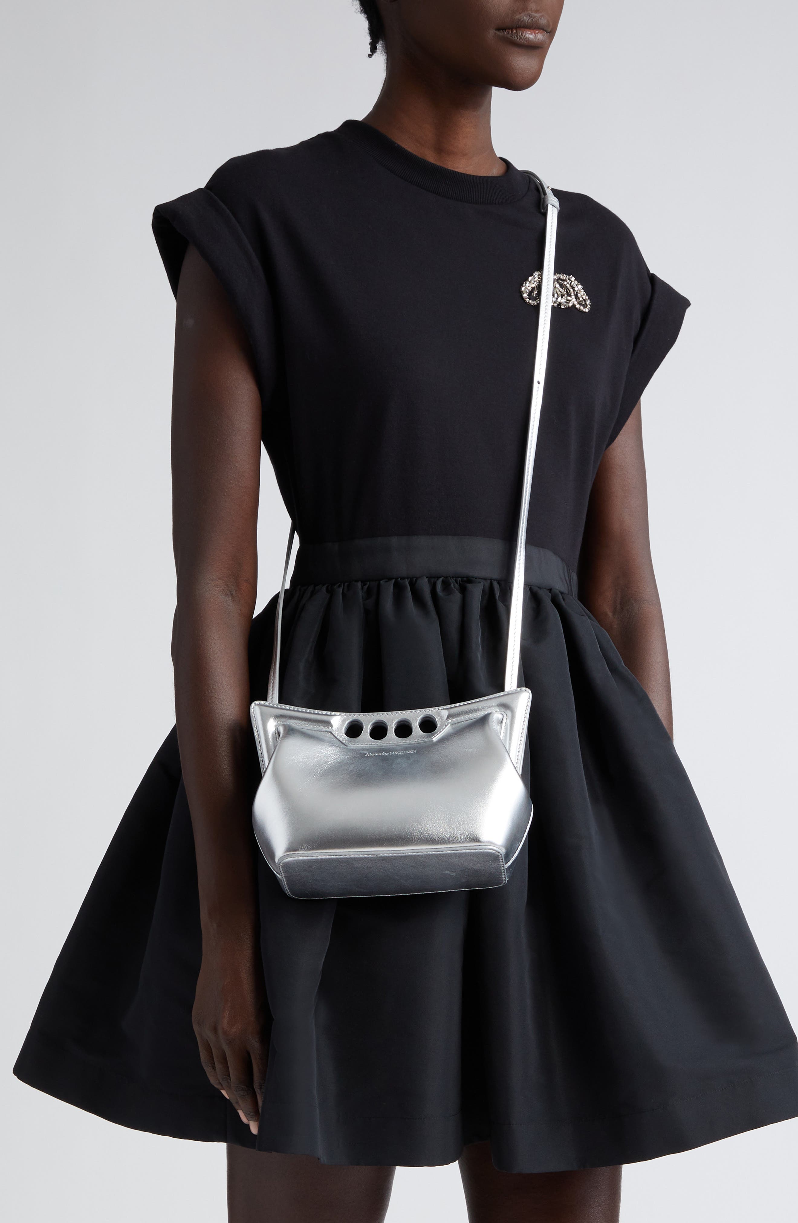 McQueen Mini Peak Metallic Leather Bag, Alternate, color, 