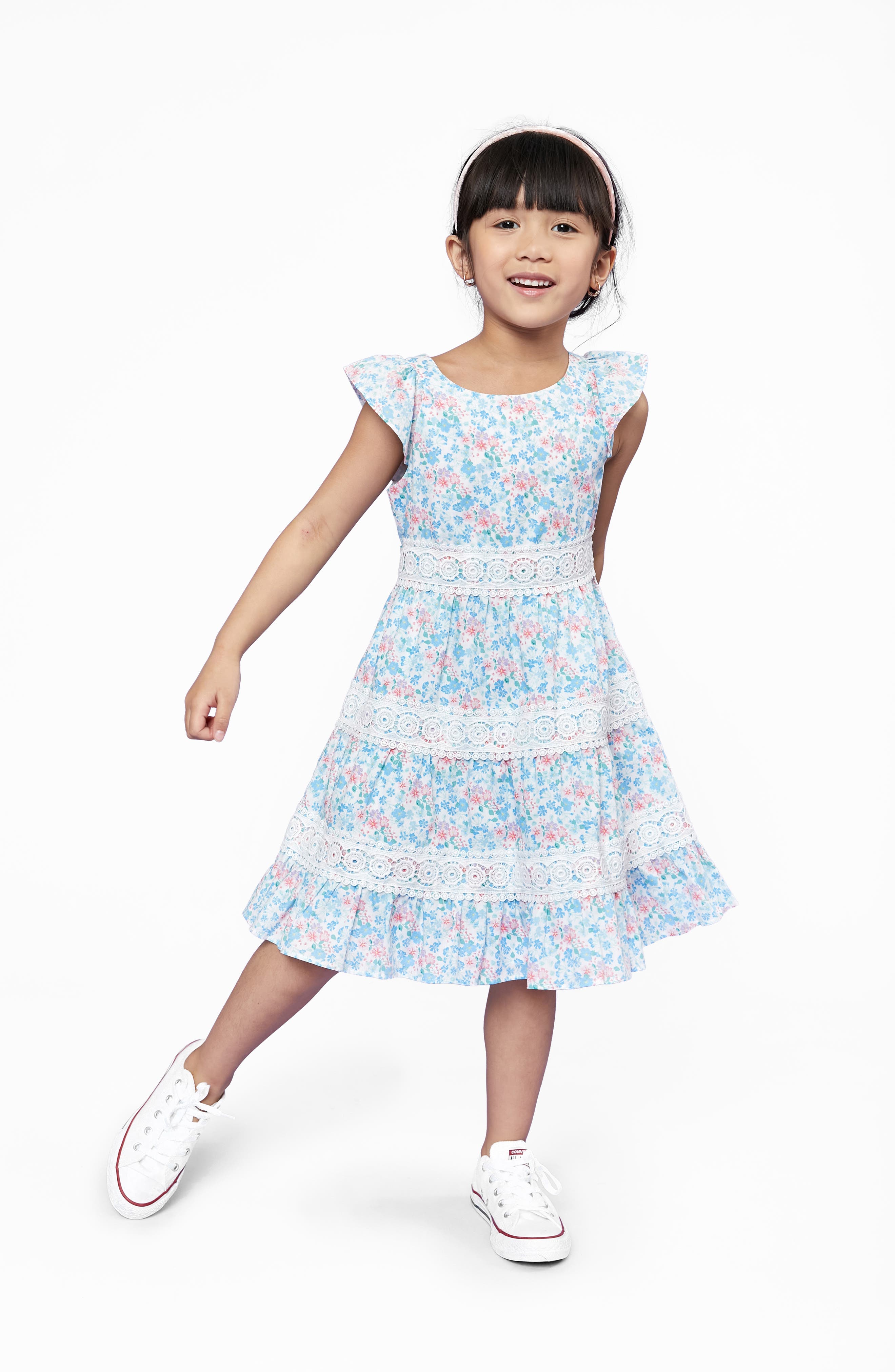 Little Angels Flutter Sleeve Floral Print Poplin Dress With Crochet ...