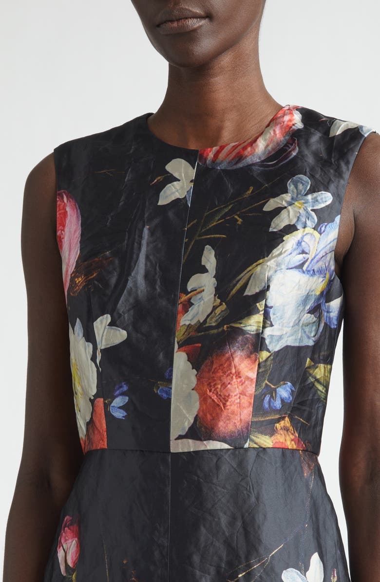 Erdem Floral Painting Crushed Metallic Satin Cocktail Dress, Alternate, color, Dutch Flower Painting Black