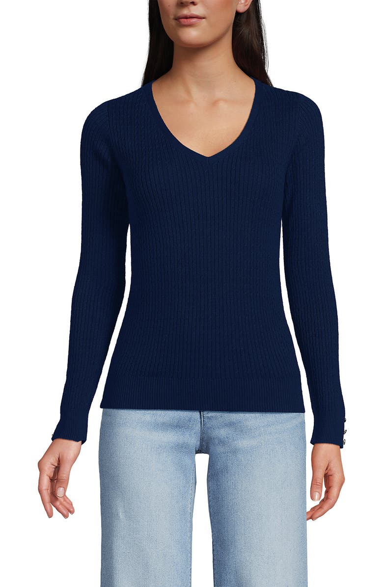 Lands' End Fine Gauge Cotton Baby Cable Vneck Sweater, Main, color, 