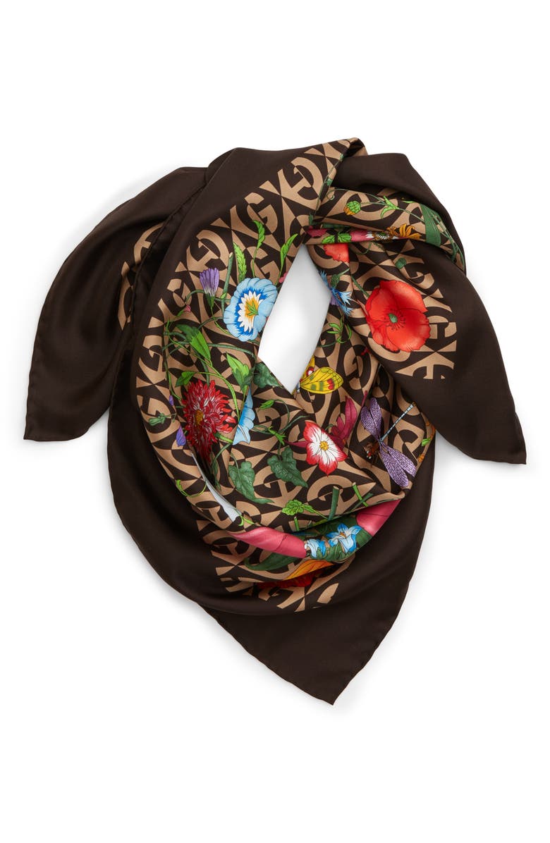 Gucci Privilege Flora & Rhombus Print Silk Twill Scarf, Alternate, color, 