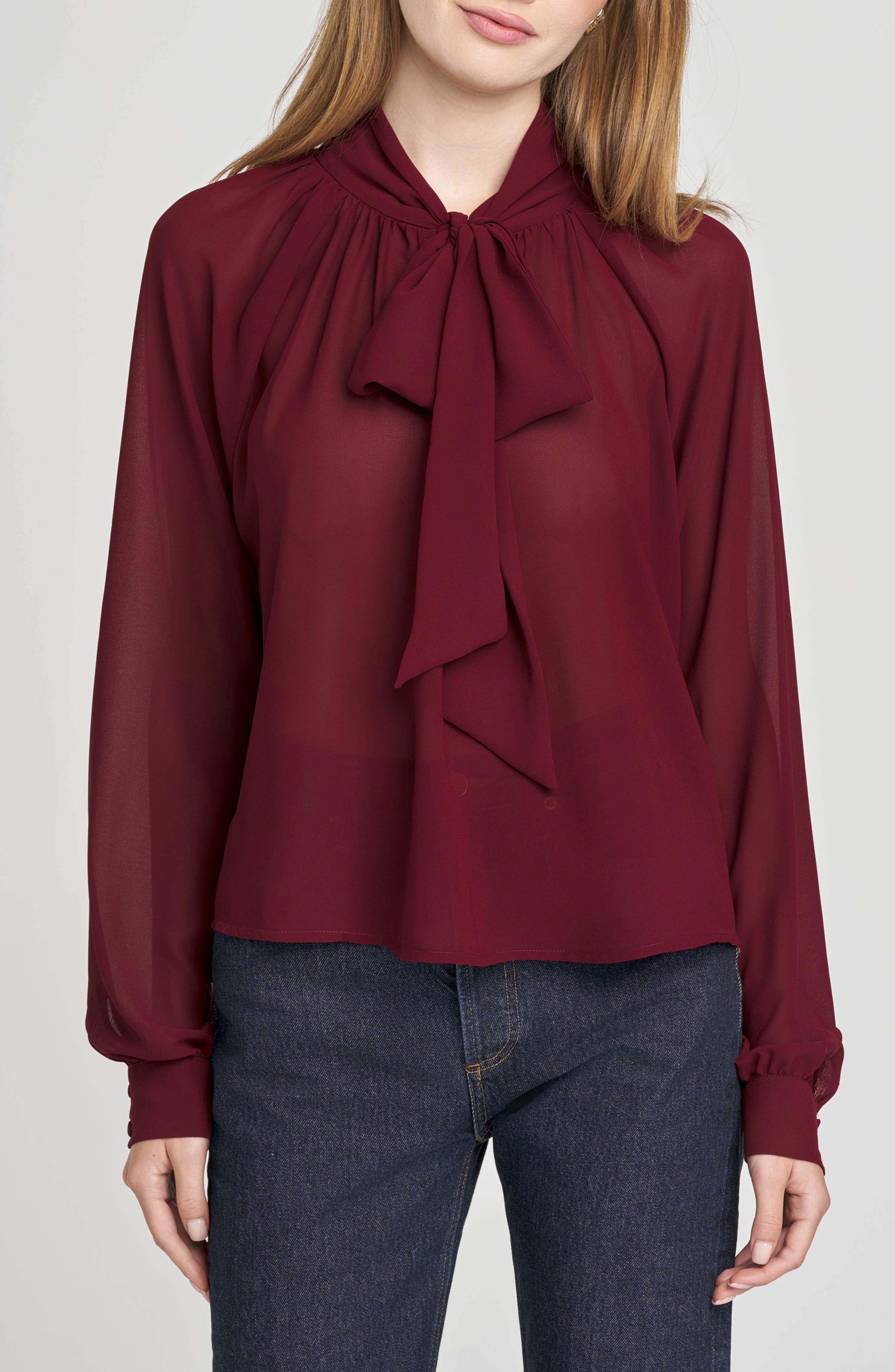 Wayf X Sara Walker Bow Georgette Blouse In Burgundy
