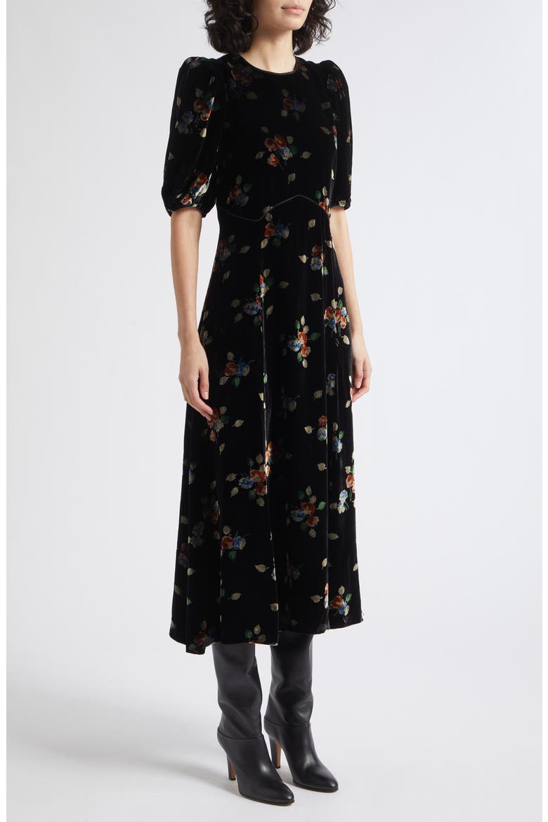 Leda Velvet Puff Sleeve Midi Dress, Alternate, color, BLACK